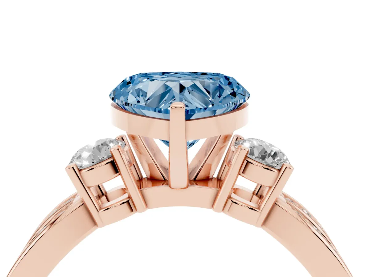 Fancy Blue Three-Stone Heart Cut Cut Diamond Twist Band with Prong Setting Rose gold