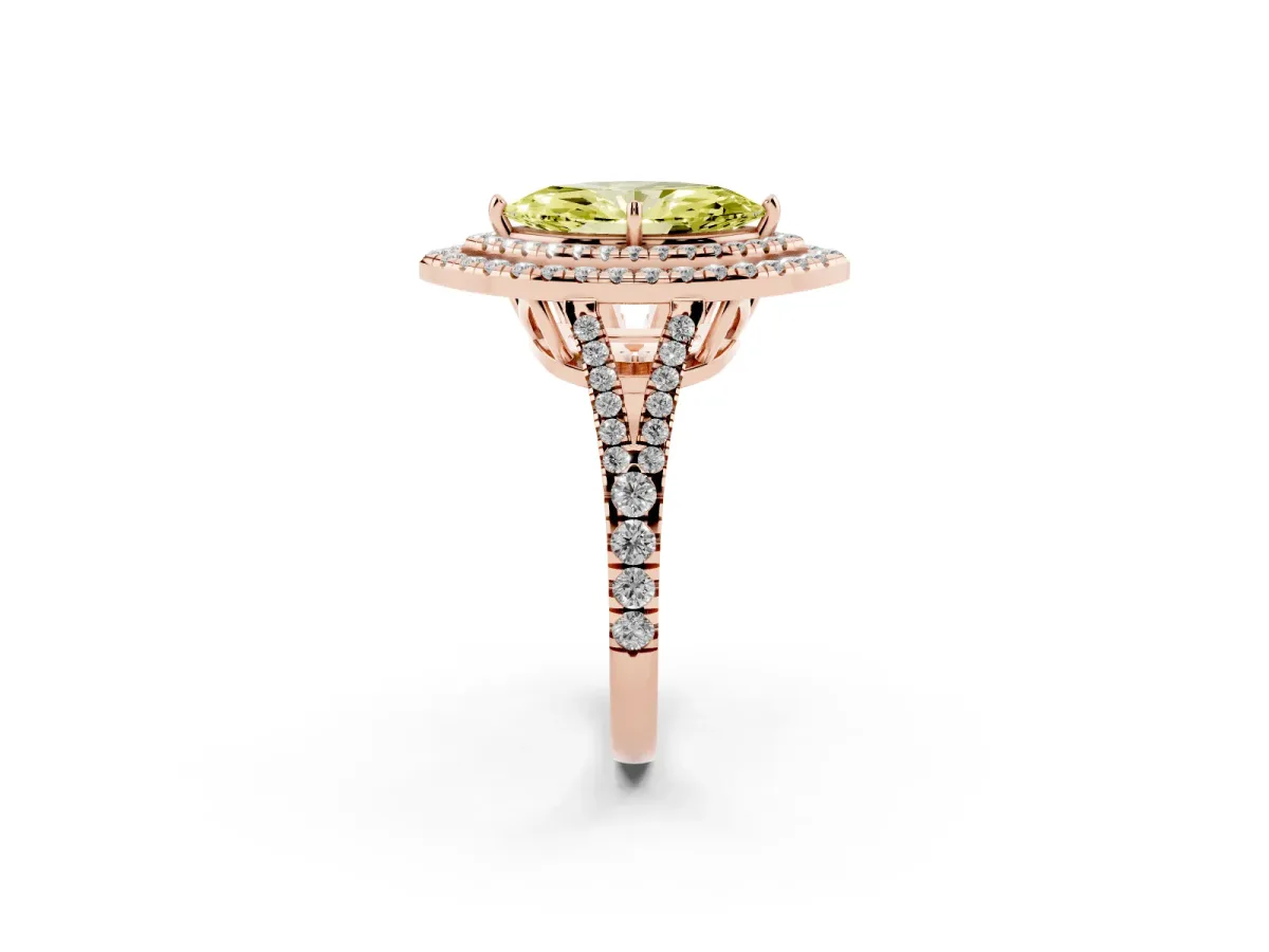 Fancy Yellow Marquise Cut Diamond Double Halo Ring with Pavé Band and Prong Setting Rose gold