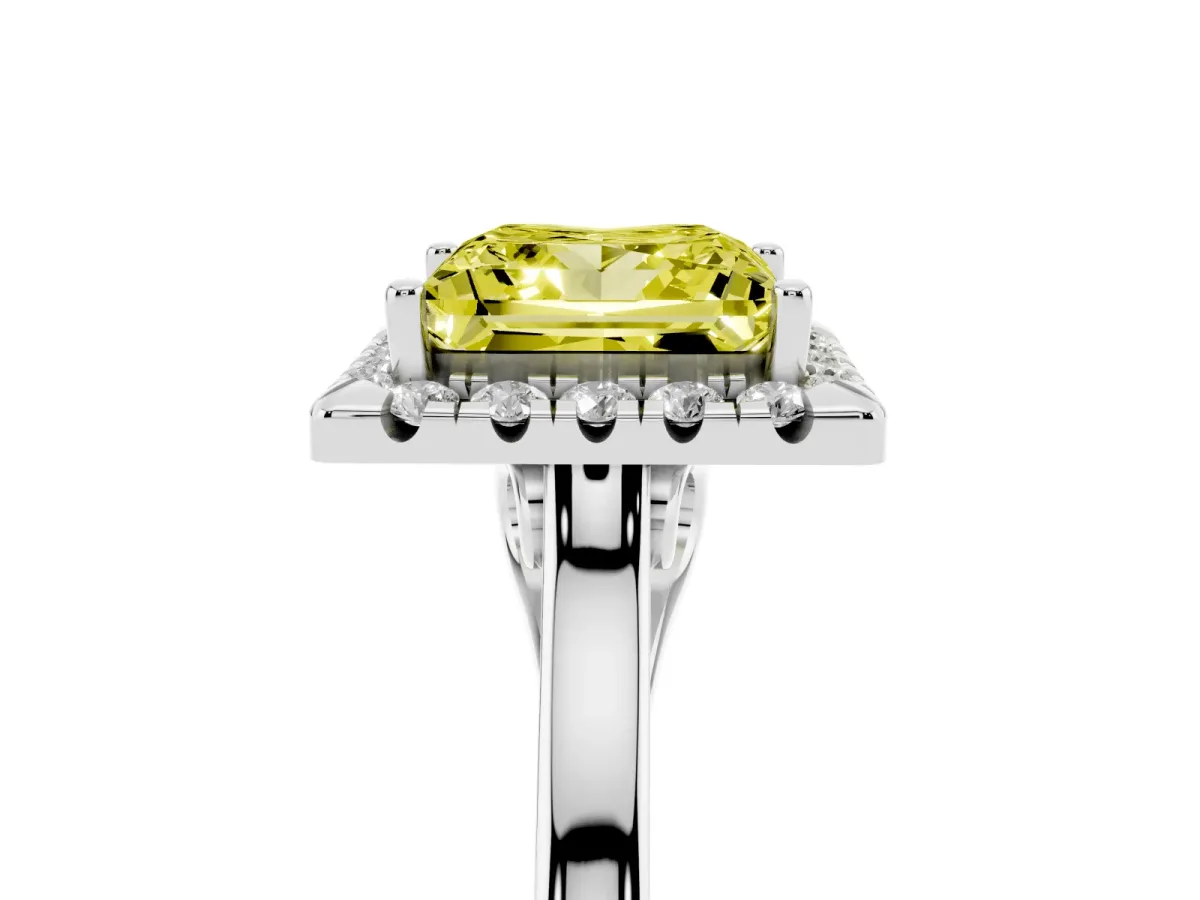 Fancy Yellow Princess Cut Halo Round Diamond Solitaire Ring with Pavé Band and Four-Prong Setting White gold