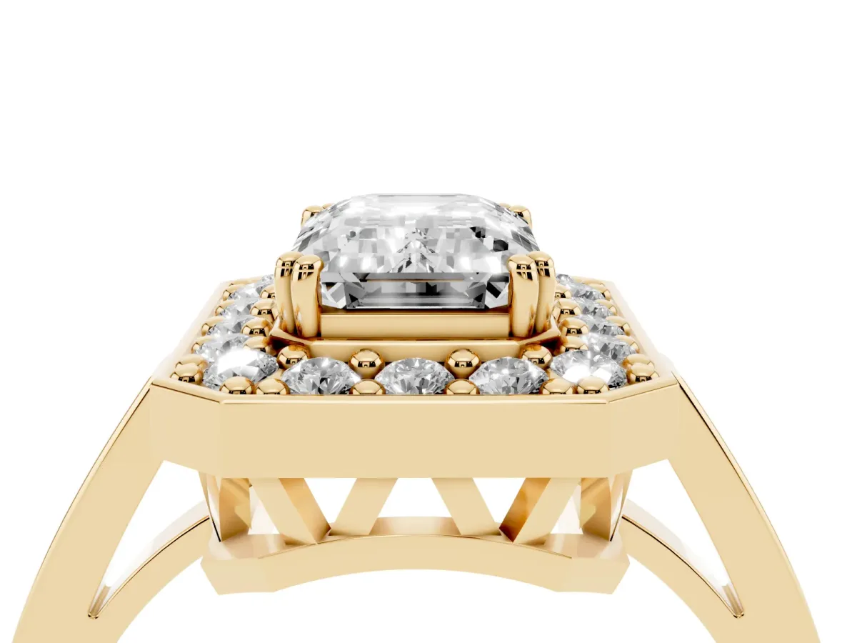 Emerald Cut Diamond Halo Ring with Split Shank and Four-Prong Setting Yellow gold