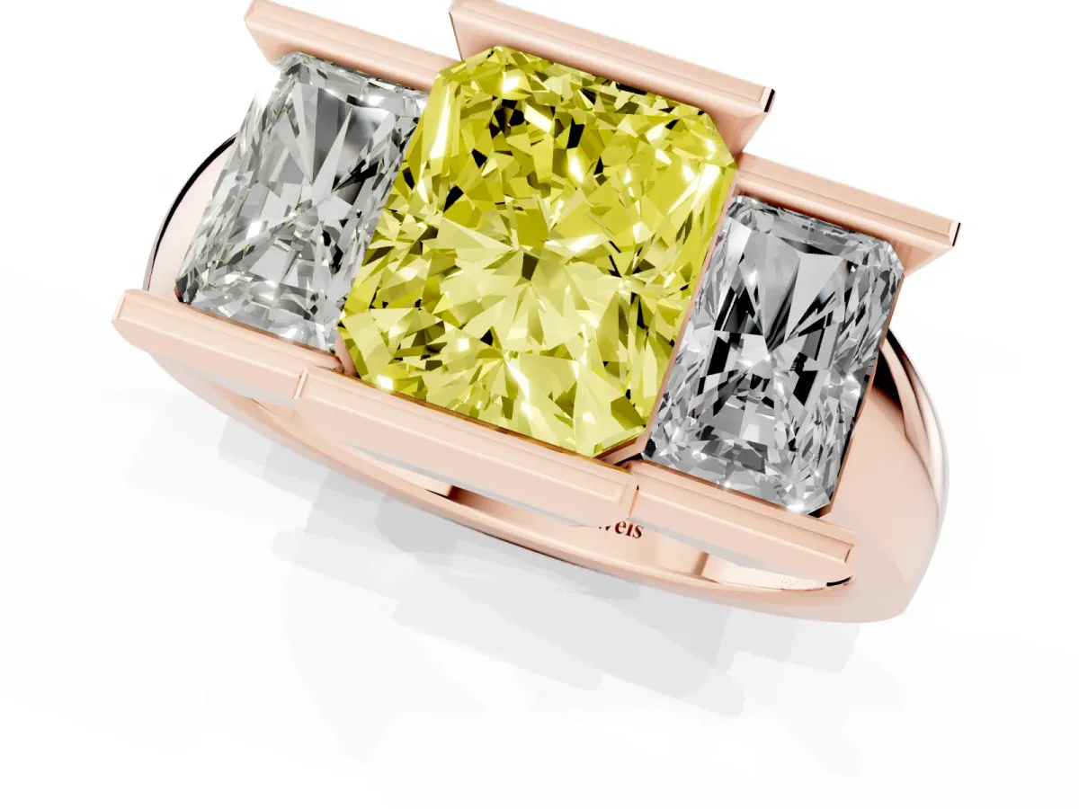 Fancy Yellow Three Stone Radiant Cut Cut Channel Set Diamond Ring Rose gold