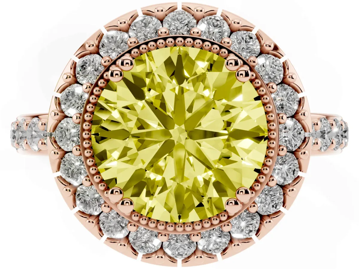 Fancy Yellow Round Cut Diamond Halo Ring with Pavé Band and Prong Setting Rose gold