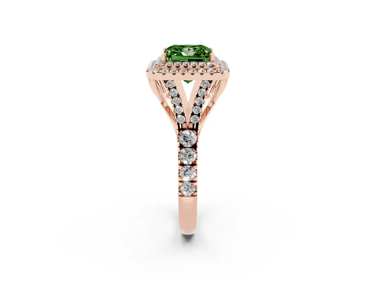 Fancy Green Princess Cut Cut Double Halo Split Shank Diamond Ring with Prong Setting Rose gold
