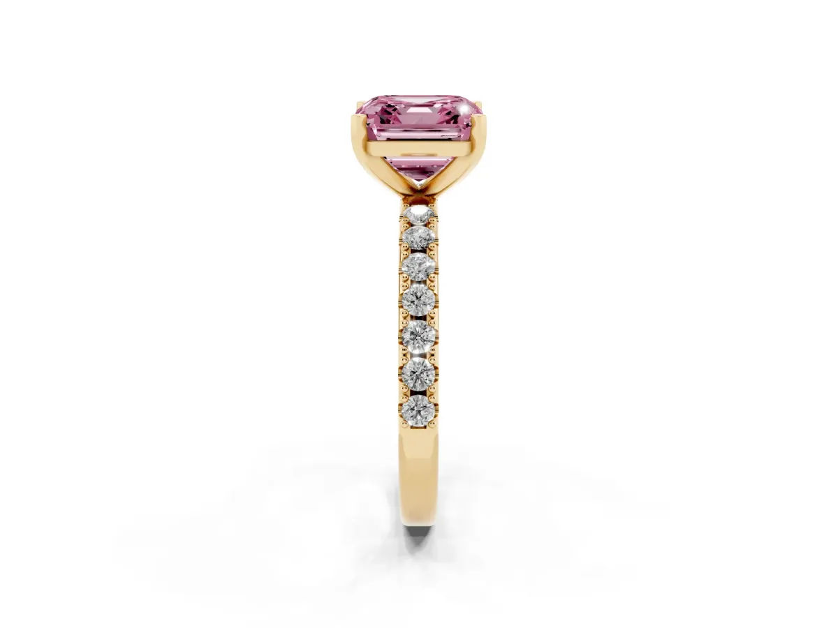 Fancy Pink Asscher Cut Diamond Solitaire Pavé Band with Four-Prong Setting Yellow gold