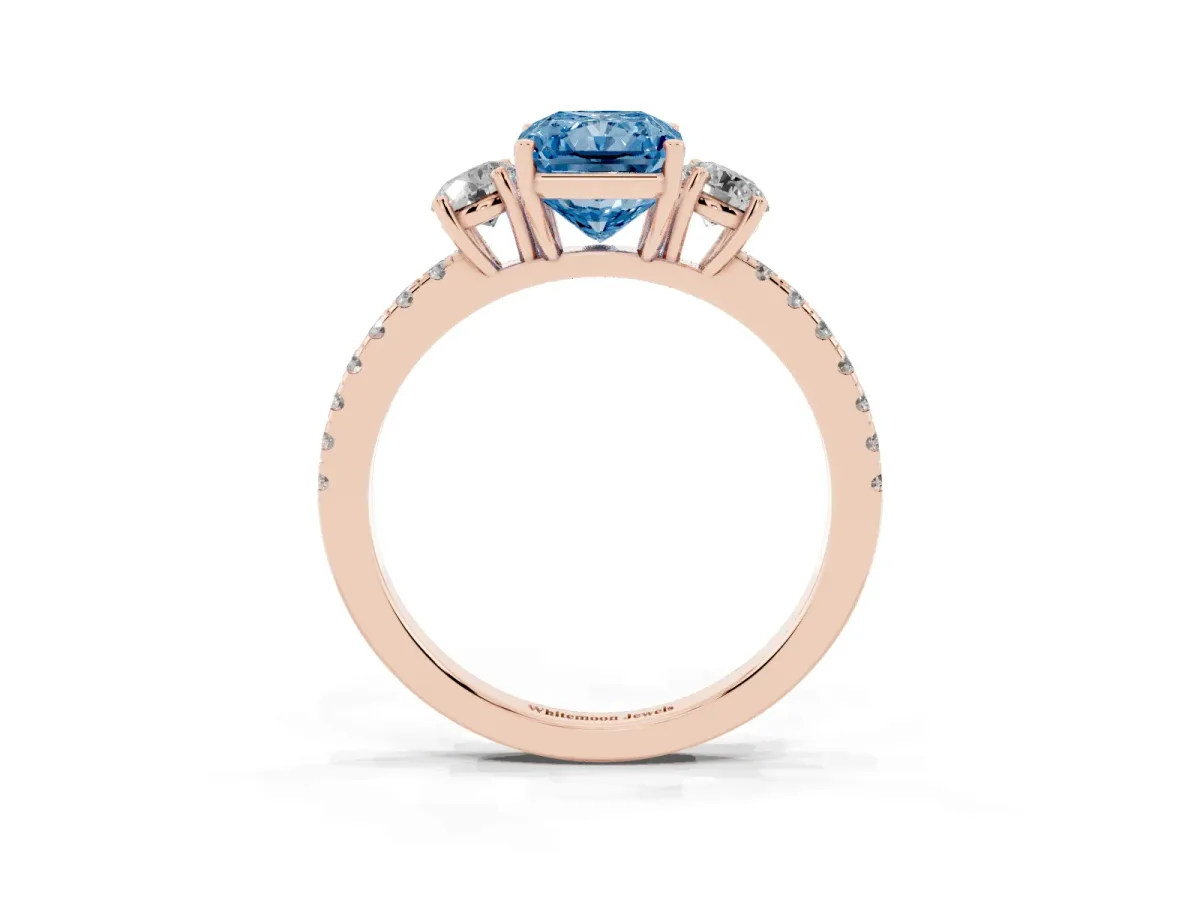 Fancy Blue Three-Stone Radiant Cut Cut Diamond Pavé Band with Prong Setting Rose gold