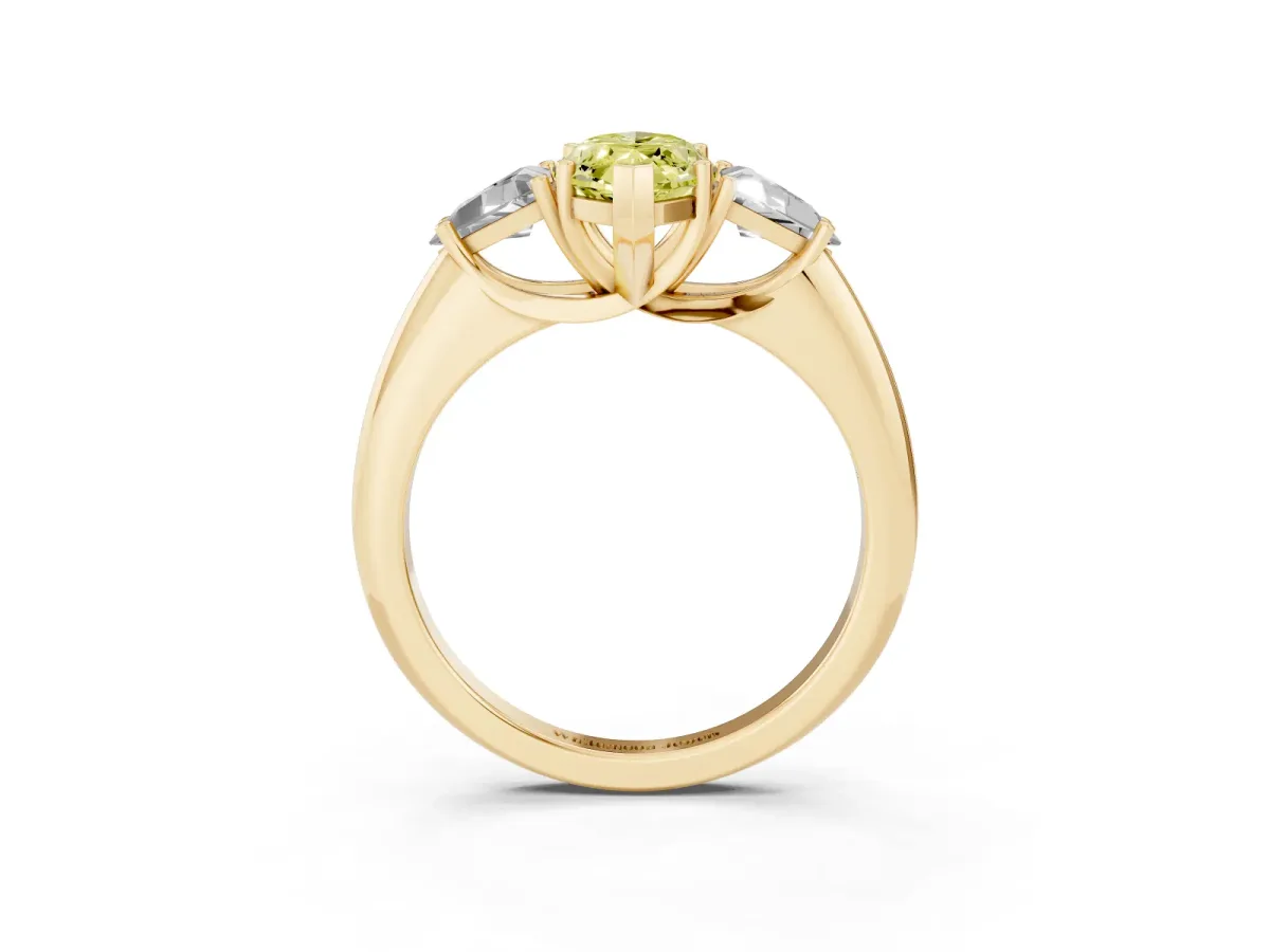 Fancy Yellow Three-Stone Marquise Cut Diamond Engagement Ring with Trillion Side Stones and Prong Setting Yellow gold