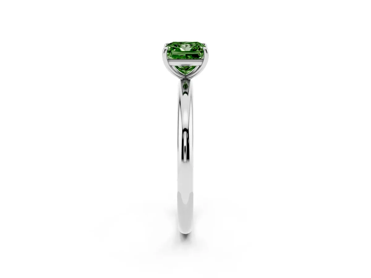 Fancy Green Princess Cut Solitaire Diamond Ring with Four-Prong Setting on a Plain Band Silver