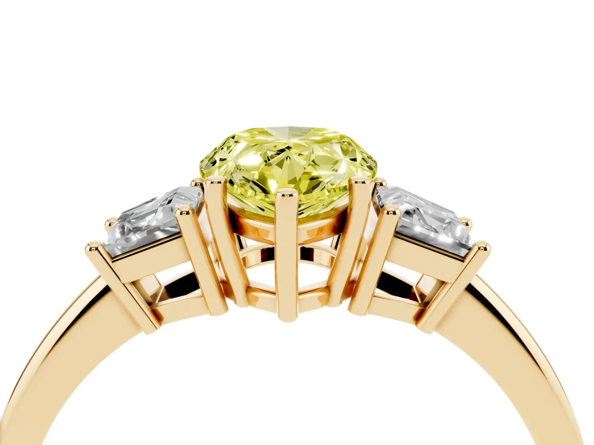 Fancy Yellow Pear Cut Diamond Three-Stone Ring with Trapezoid Side Stones and Prong Setting Yellow gold