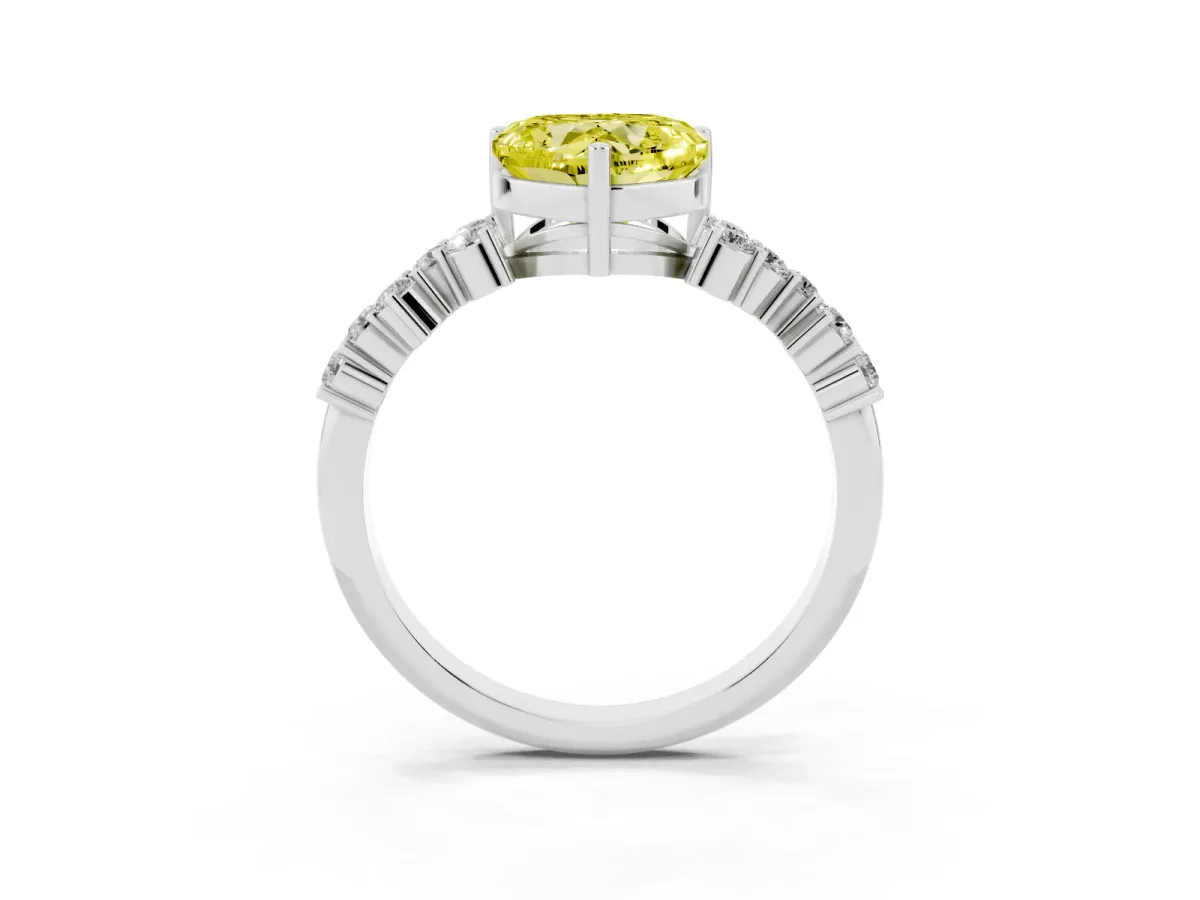 Fancy Yellow Heart Cut Diamond Scattered Round Accent Ring with Prong Setting Silver