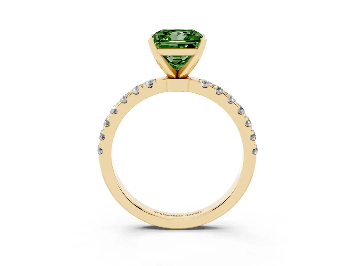 Fancy Green Princess Cut Diamond Solitaire Ring with Pavé Accents and Four-Prong Setting Yellow gold