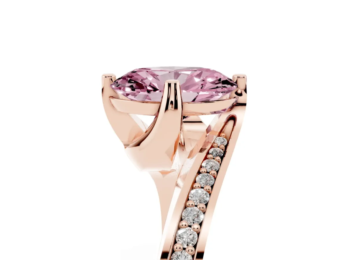 Fancy Pink Oval Cut Solitaire Diamond Twist Band with Pavé Setting and Four-Prong Setting Rose gold