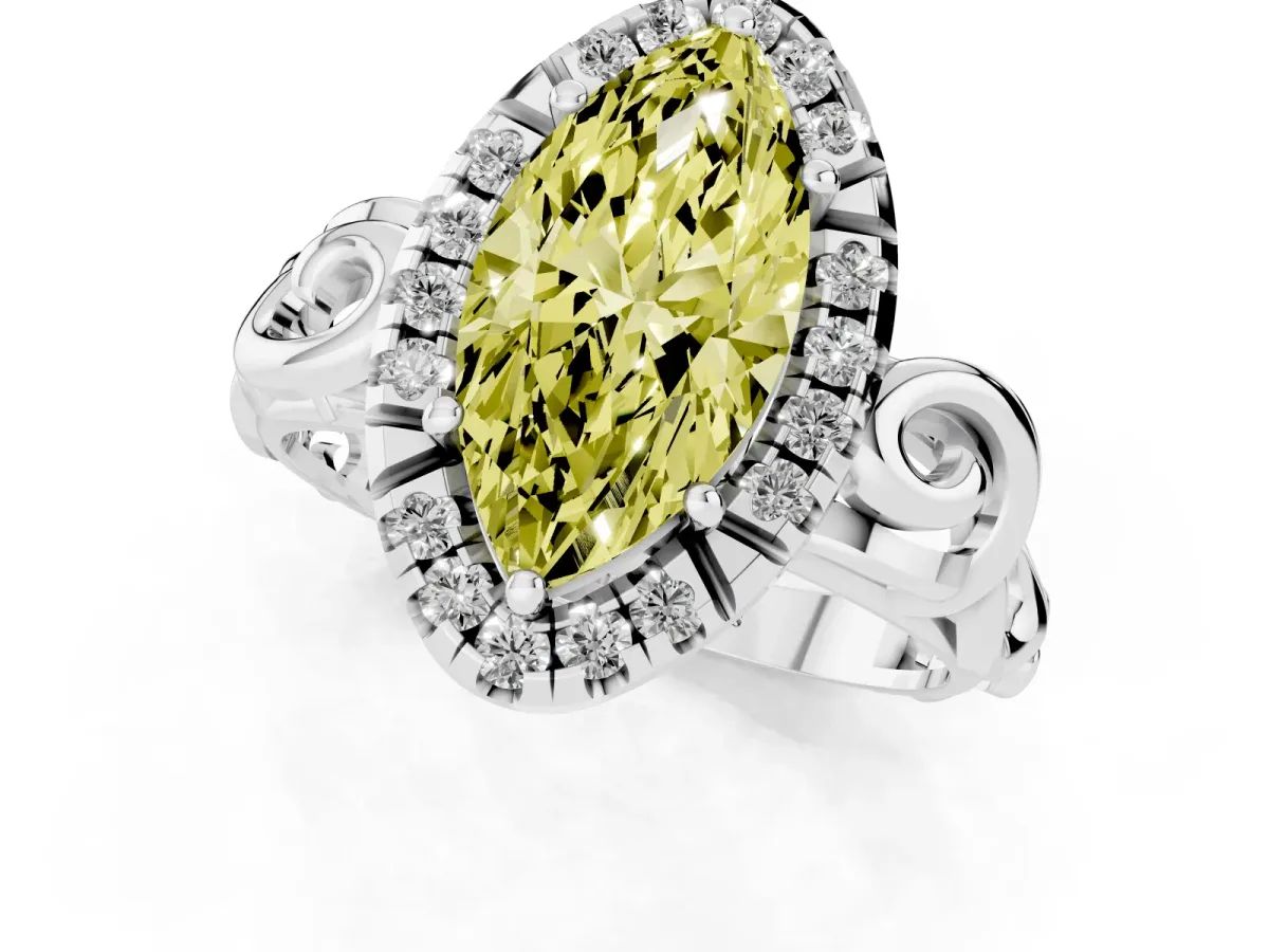 Fancy Yellow Marquise Cut Cut Halo Diamond Ring with Scrollwork Band and Four-Prong Setting Silver