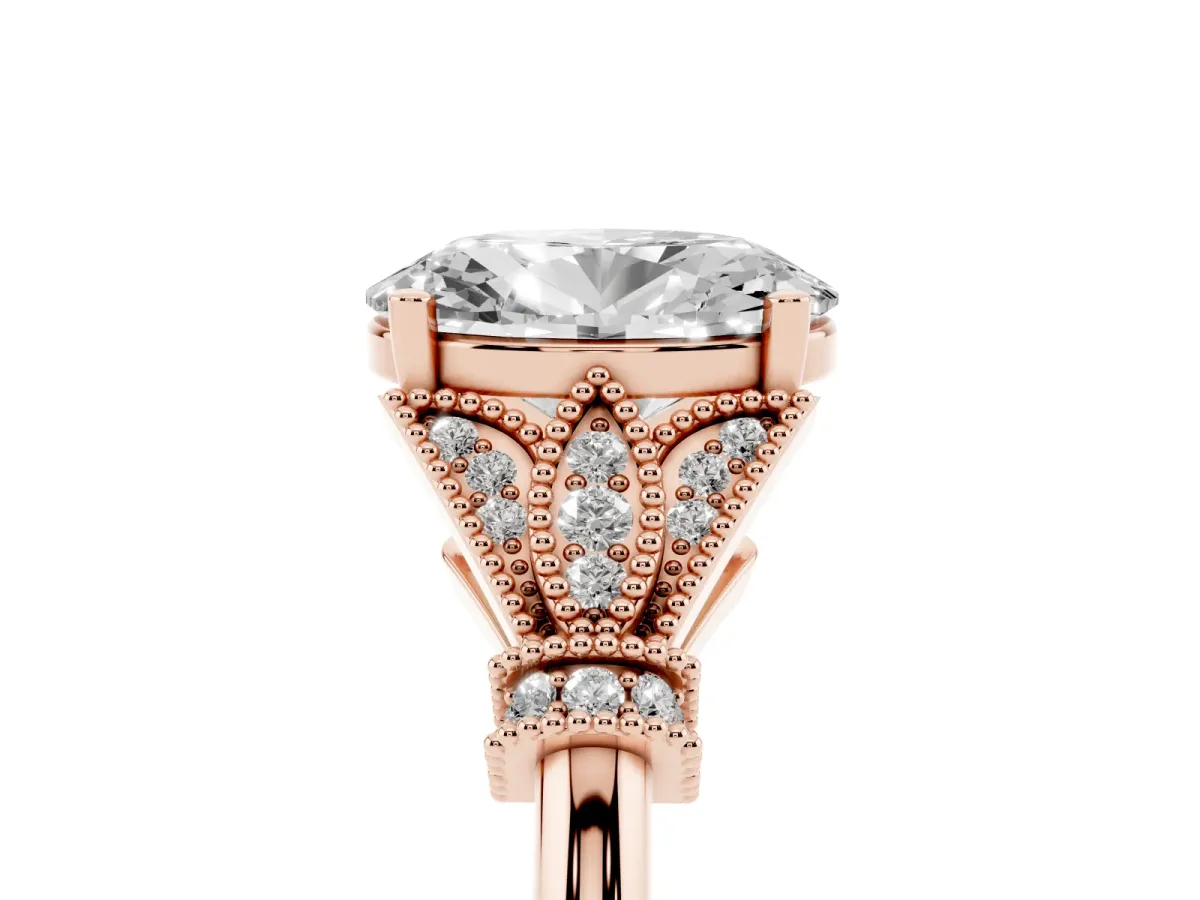Oval Cut Diamond Solitaire Ring with Floral Filigree and Pave Accents Rose gold