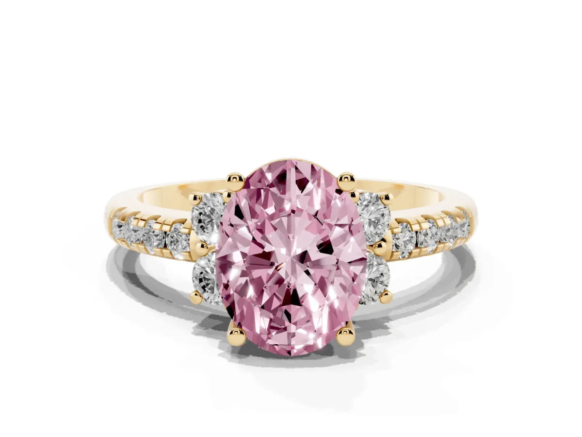 Fancy Pink Oval Cut Diamond Three-Stone Pave Band with Four-Prong Setting Yellow gold