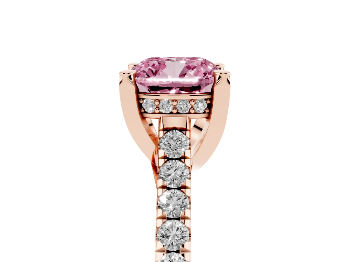 Fancy Pink Cushion Cut Brilliant Diamond Solitaire with Pavé Band and Four-Prong Setting Rose gold