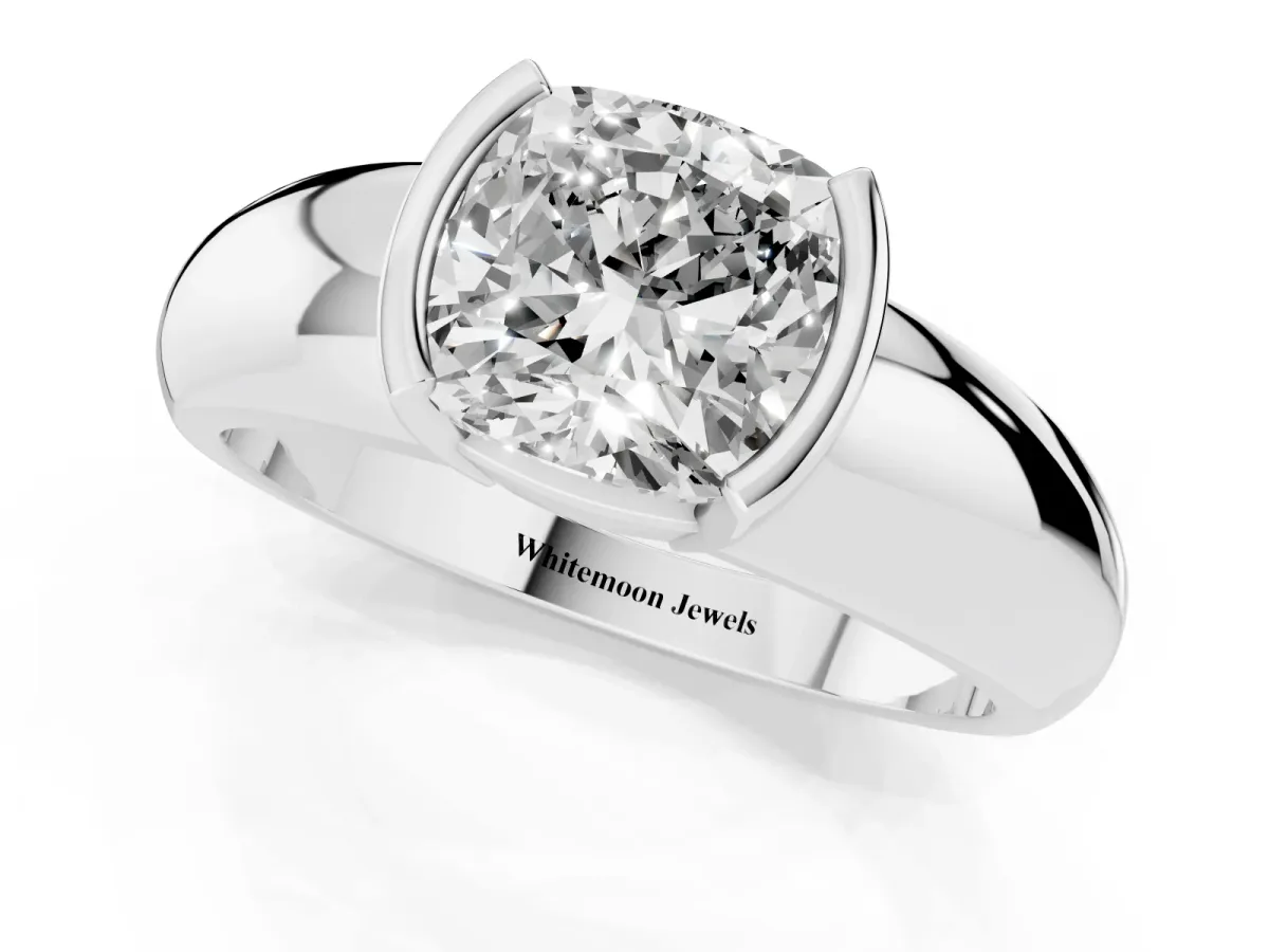 Cushion Cut Solitaire Tension Set Diamond Ring with Wide Band Platinum
