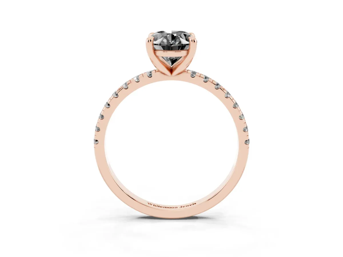 Fancy Black Oval Cut Diamond Brilliant Solitaire Ring with Pavé Band and Four-Prong Setting Rose gold