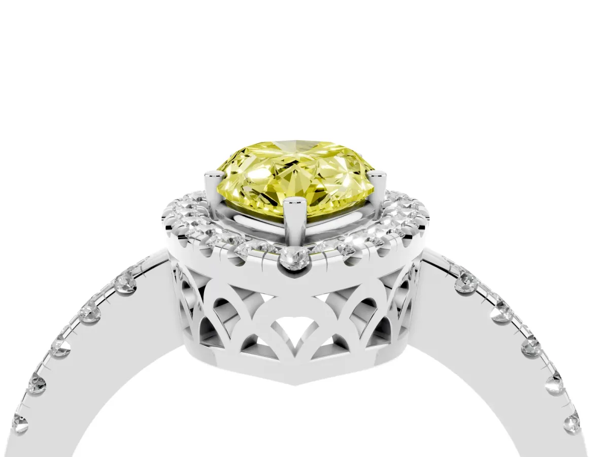 Fancy Yellow Pear Cut Halo Diamond Engagement Ring with Pavé Band and Four-Prong Setting White gold
