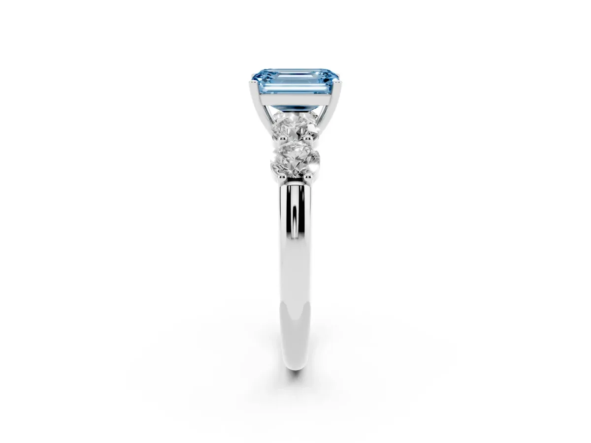 Fancy Blue Emerald Cut Cut Five-Stone Prong Set Diamond Ring with Classic Band Silver