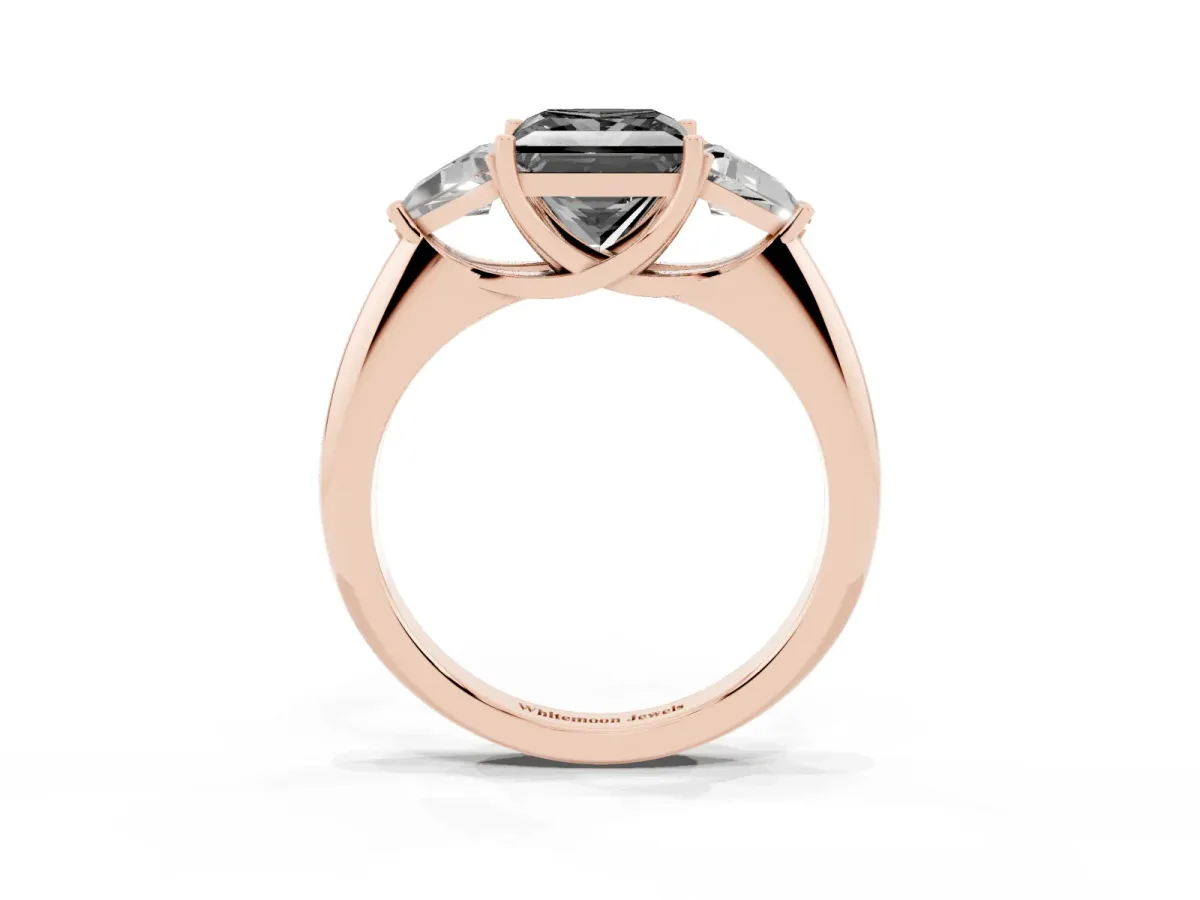 Fancy Black Three-Stone Princess Cut Diamond Engagement Ring with Trillion Side Stones and Prong Setting Rose gold