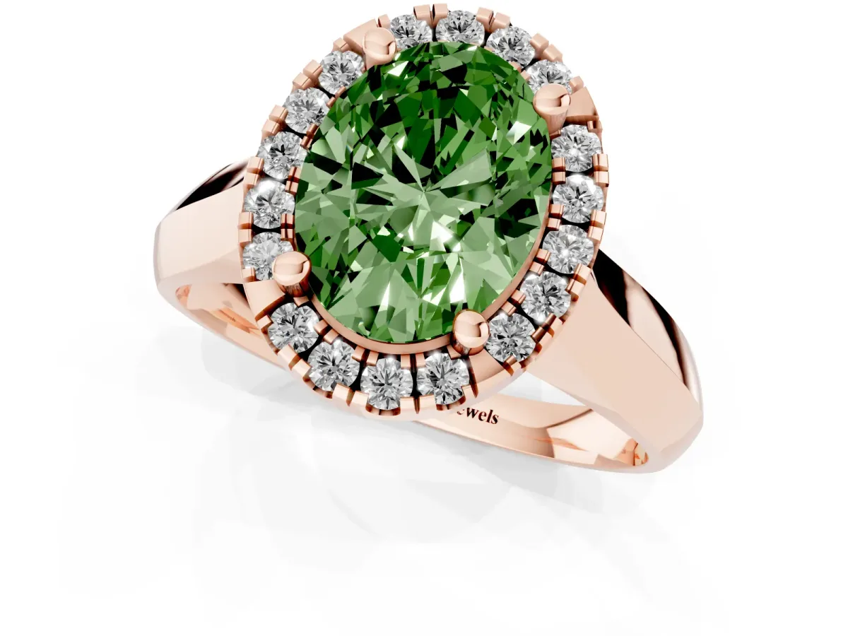 Fancy Green Oval Cut Cut Halo Solitaire Engagement Ring with Square Band and Four-Prong Setting Rose gold