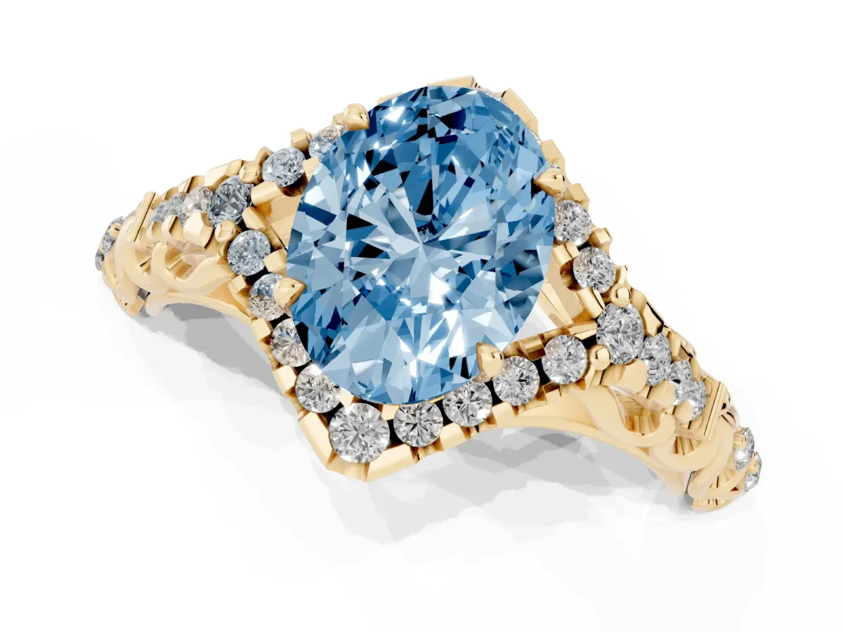 Fancy Blue Oval Cut Diamond Solitaire Ring with Hidden Halo and Pavé Band Yellow gold