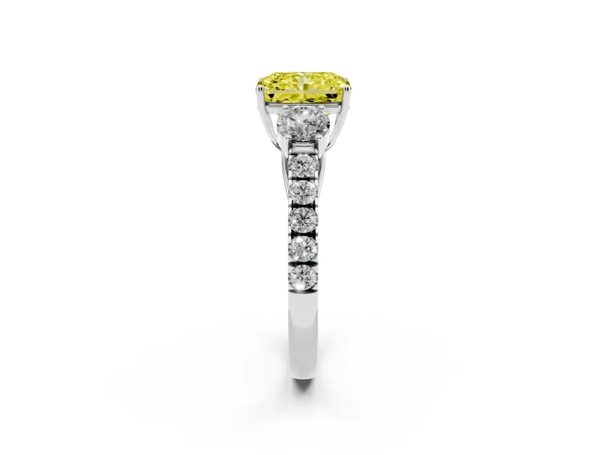 Fancy Yellow Radiant Cut Cut Diamond Three-Stone Ring with Round Side Stones and Pavé Band Silver