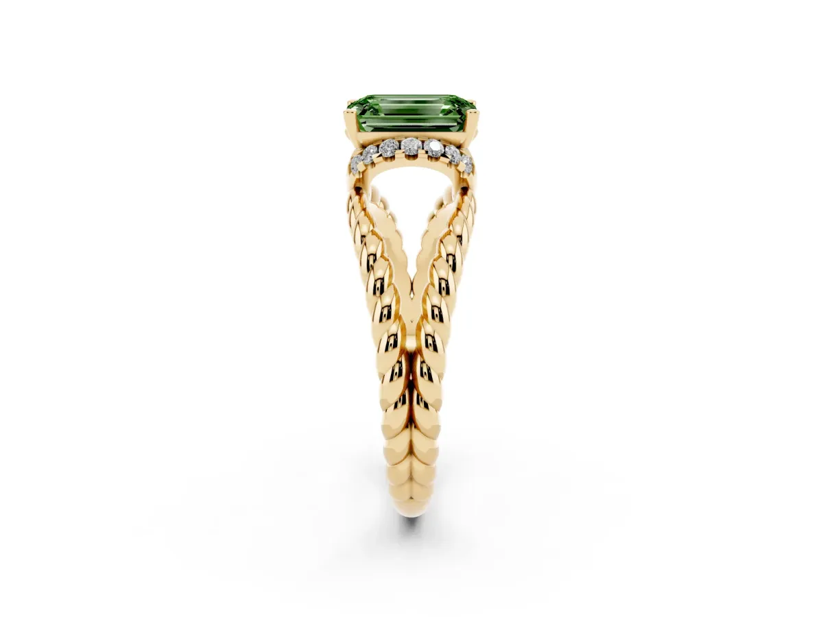 Fancy Green Emerald Cut Halo Twisted Band Four-Prong Ring Yellow gold