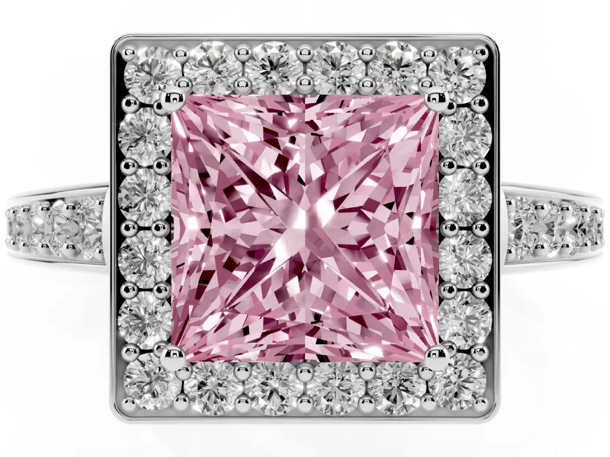 Fancy Pink Princess Cut Halo Pavé Diamond Engagement Ring with Bezel Setting Silver