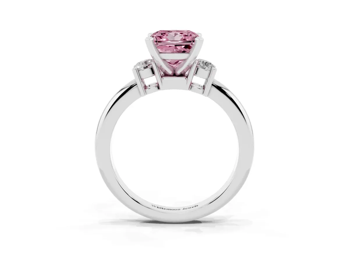Fancy Pink Three-Stone Princess Cut Cut Diamond Solitaire with Prong Setting and Classic Band Silver