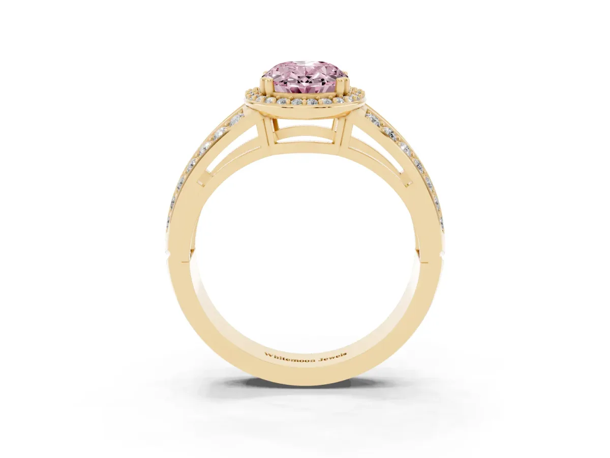 Fancy Pink Oval Cut Diamond Halo Ring with Split Shank Pavé Band and Four-Prong Setting Yellow gold