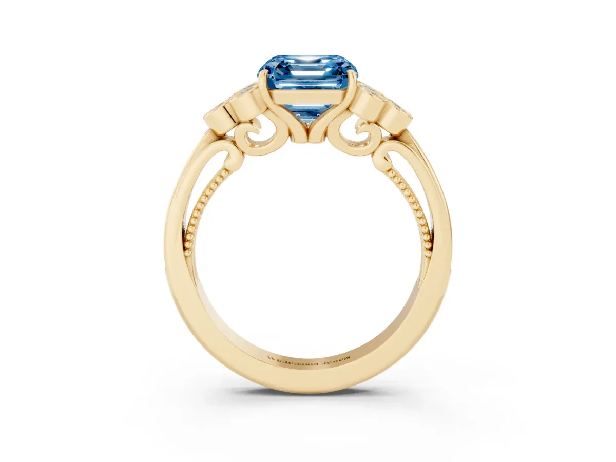 Fancy Blue Asscher Cut Cut Diamond Engagement Ring with Bezel Set Round Side Stones and Prong Setting Yellow gold