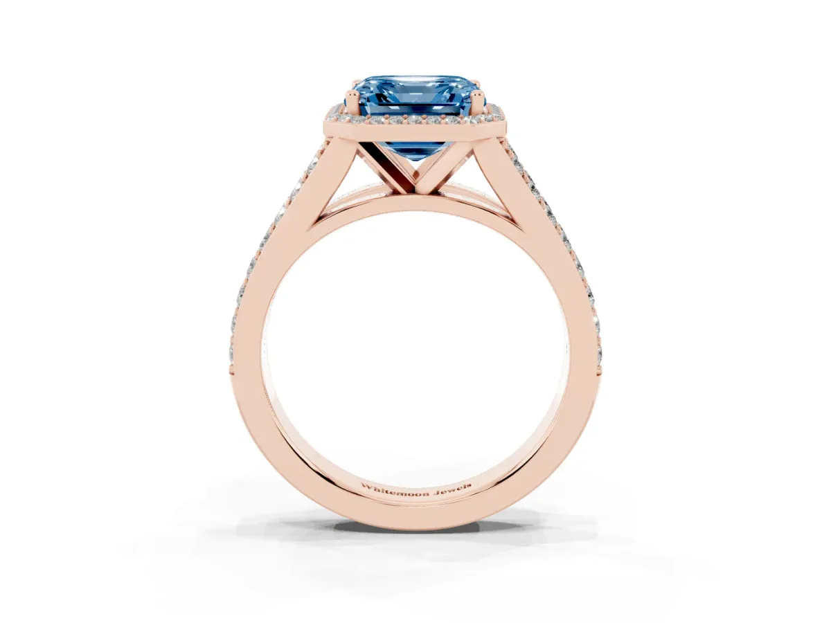 Fancy Blue Asscher Cut Diamond Split Shank Halo Ring with Four-Prong Setting Rose gold