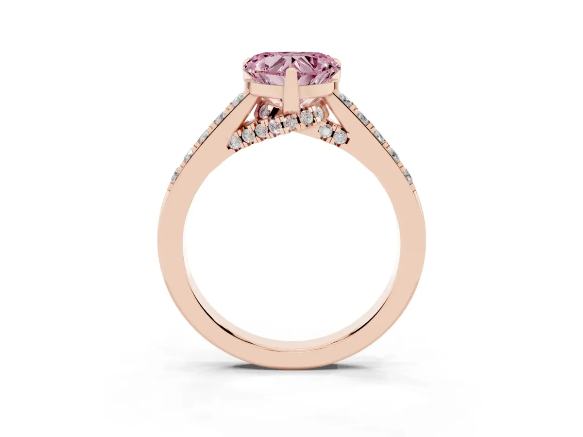 Fancy Pink Heart Cut Diamond Solitaire Ring with Crossover Gallery and Round Pavé Band Rose gold