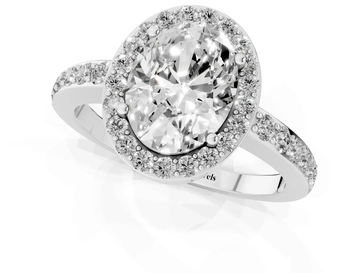 Oval Cut Halo Diamond Pavé Band Ring with Prong Setting Silver