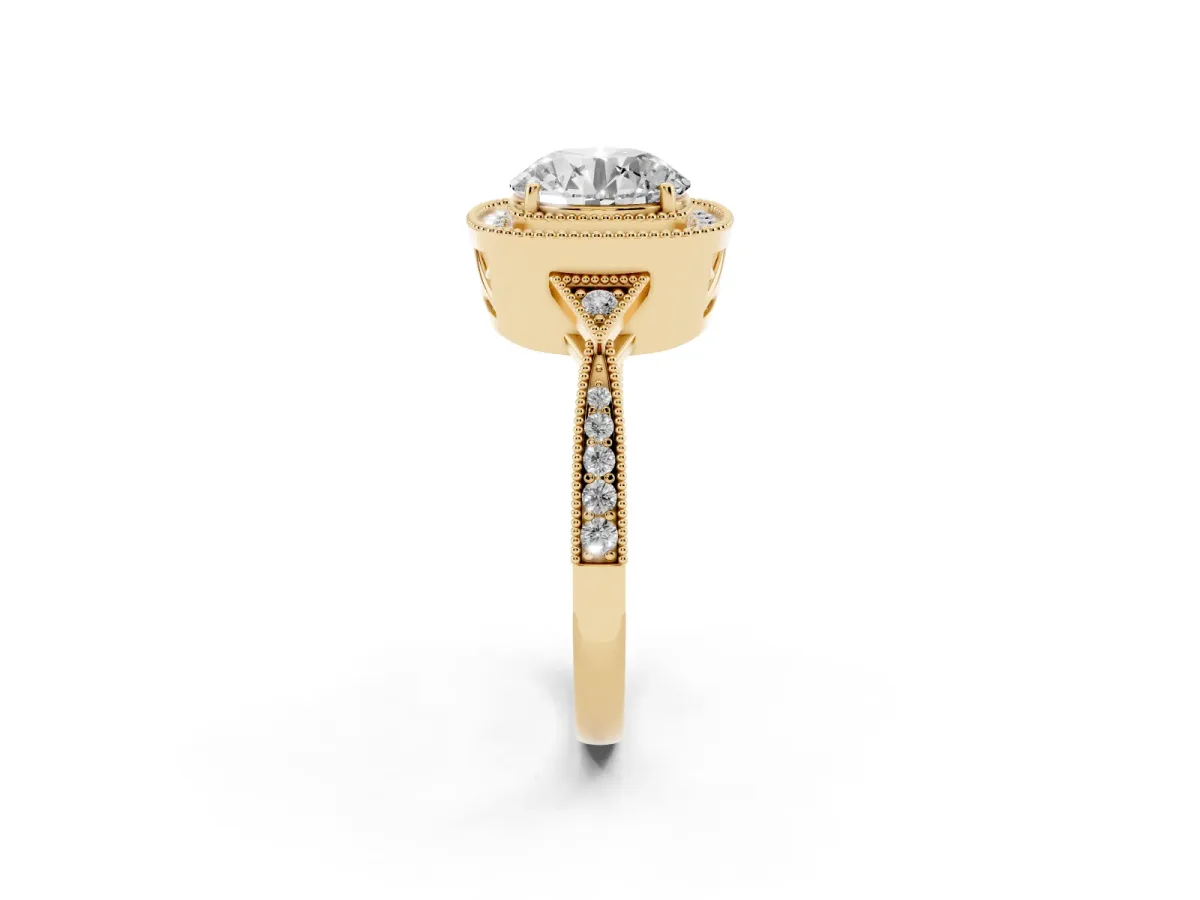 Round Cut Halo Round Diamond Milgrain Pave Engagement Ring Yellow gold