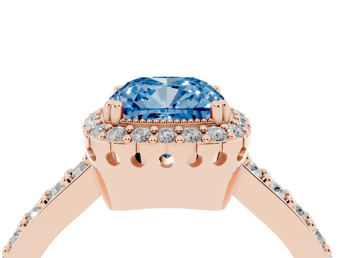 Fancy Blue Cushion Cut Cut Diamond Halo Engagement Ring with Milgrain Detail and Pavé Band Rose gold