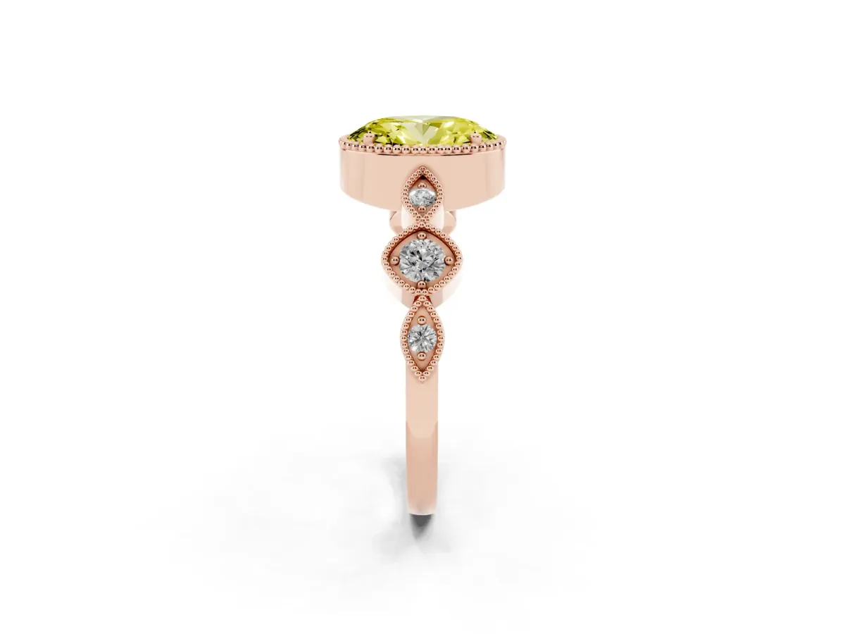 Fancy Yellow Oval Cut Diamond Vintage Milgrain Ring with Round Stations Rose gold