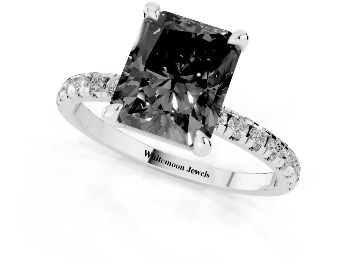 Fancy Black Radiant Cut Diamond Brilliant Solitaire Ring with Pavé Band and Four-Prong Setting Silver