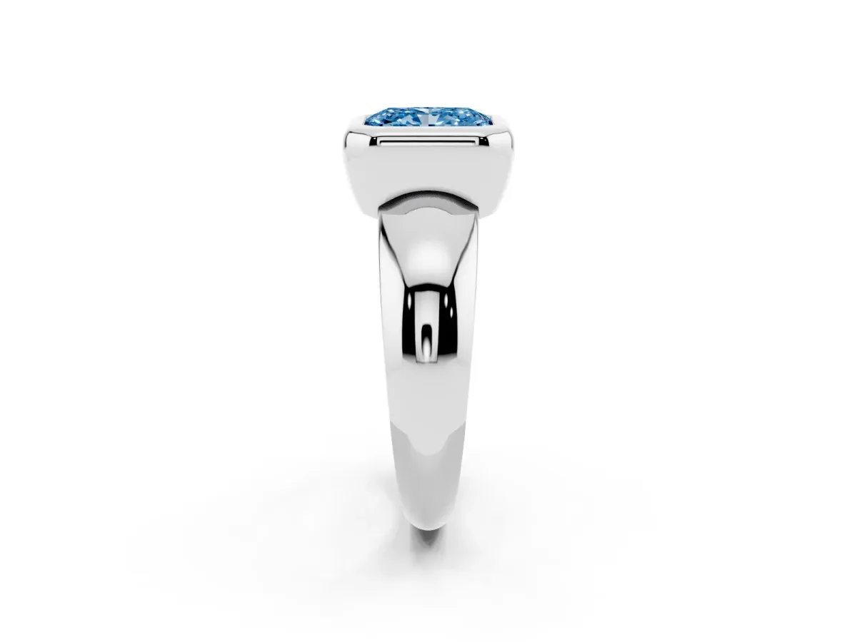Fancy Blue Bezel Set Radiant Cut Solitaire Ring with Wide Band Silver