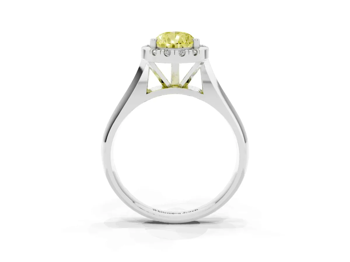 Fancy Yellow Pear Cut Cut Halo Solitaire Engagement Ring with Square Band and Four-Prong Setting White gold