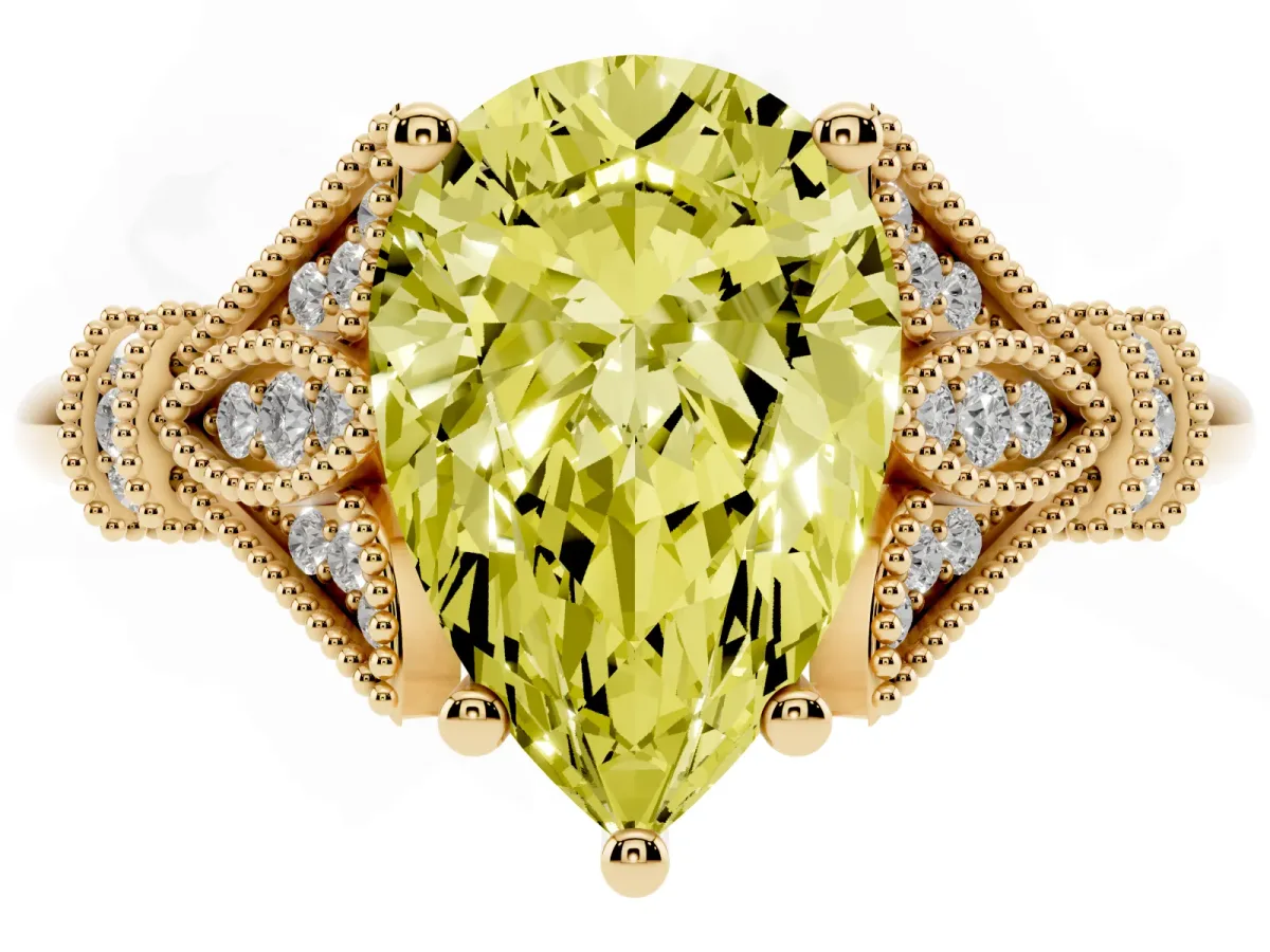 Fancy Yellow Pear Cut Diamond Solitaire Ring with Floral Filigree and Pave Accents Yellow gold