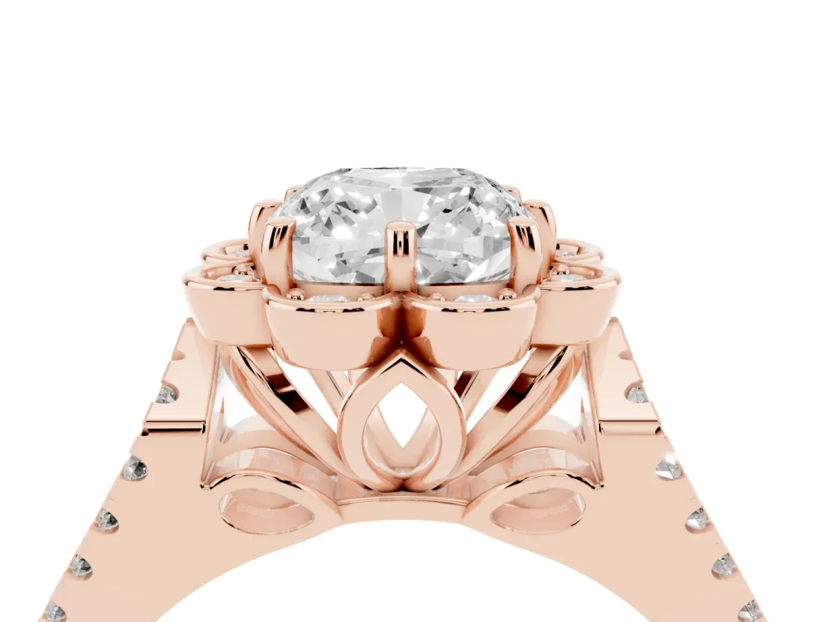 Cushion Cut Halo Diamond Floral Split Shank Engagement Ring Rose gold