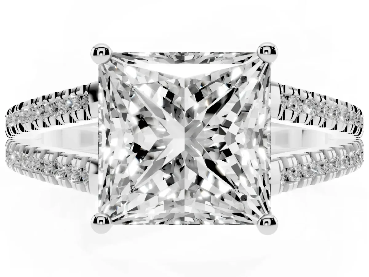 Princess Cut Diamond Solitaire Engagement Ring with Split Shank Pavé Band Silver