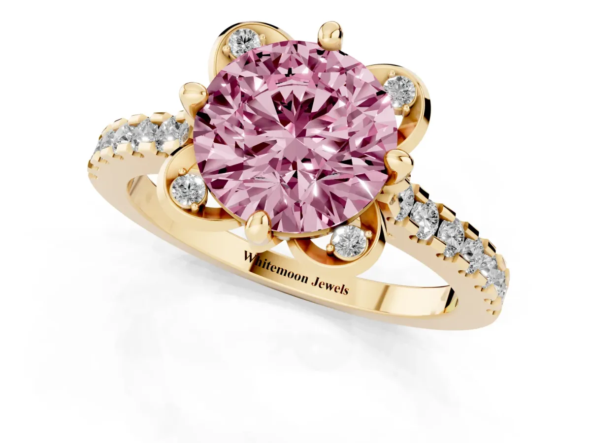 Fancy Pink Round Cut Diamond Ring with Pavé Band and Floral Prong Setting Yellow gold