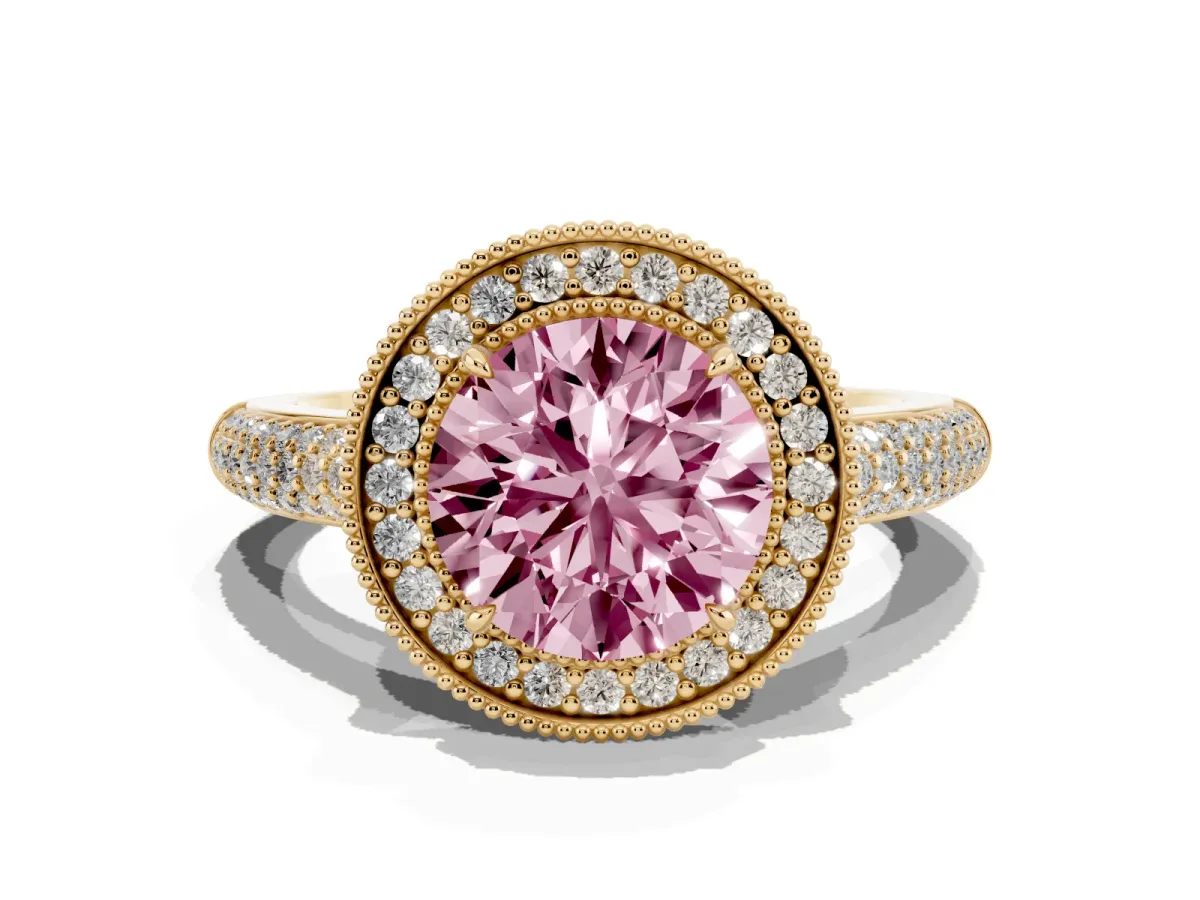 Fancy Pink Round Cut Cut Halo Diamond Pave Band with Four-Prong Setting Yellow gold