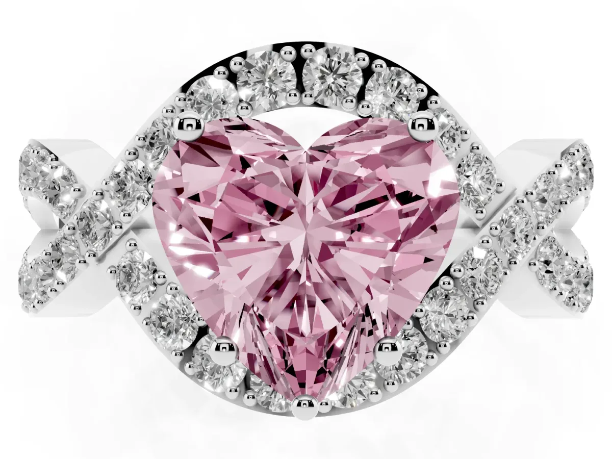 Fancy Pink Heart Cut Solitaire Twist Band Pavé Diamond Engagement Ring Silver
