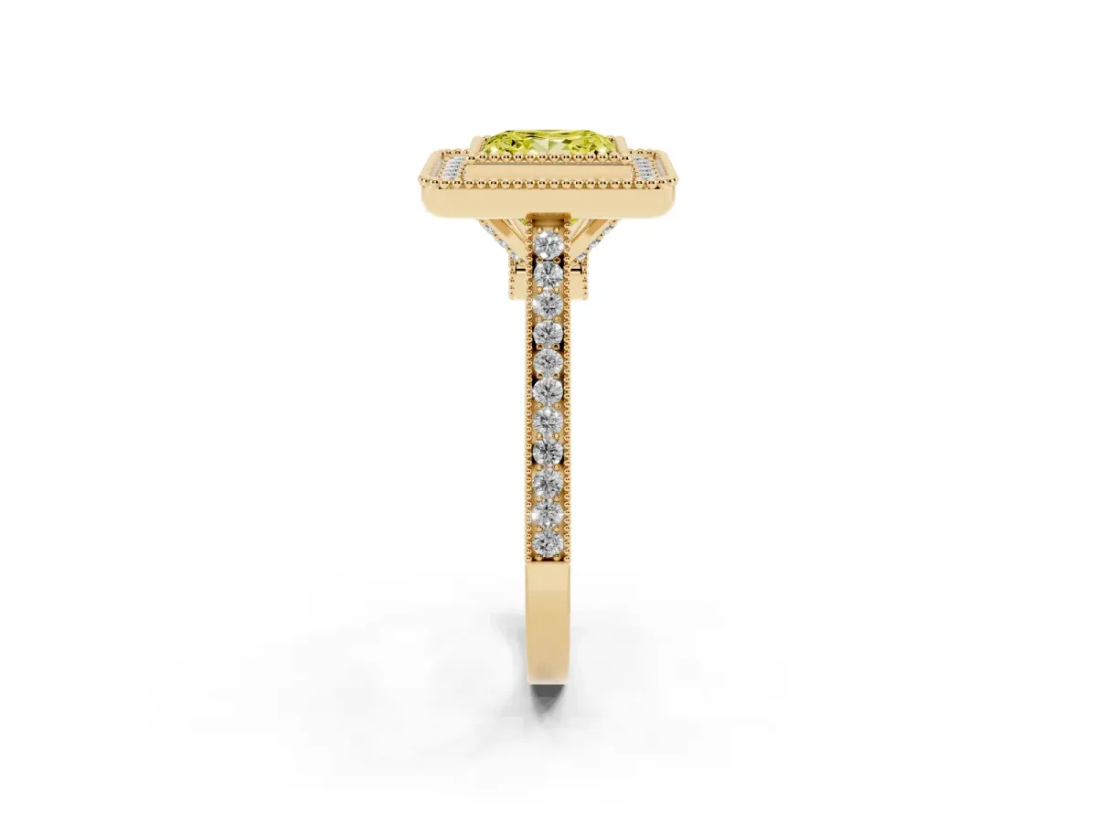 Fancy Yellow Princess Cut Diamond Halo Ring with Milgrain Frame and Pavé Band Yellow gold
