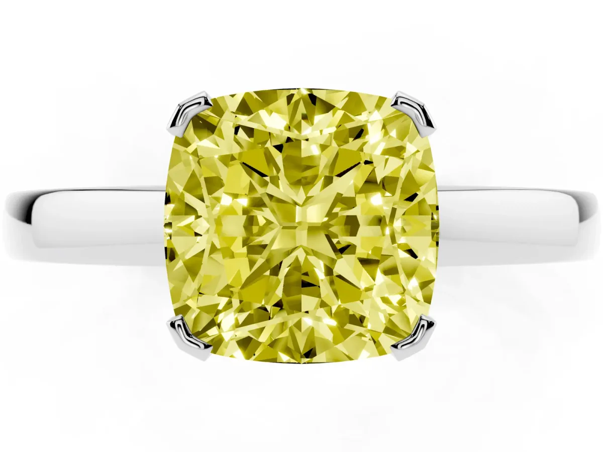 Fancy Yellow Cushion Cut Cut Solitaire Ring with Four-Prong Setting and Classic Band Silver