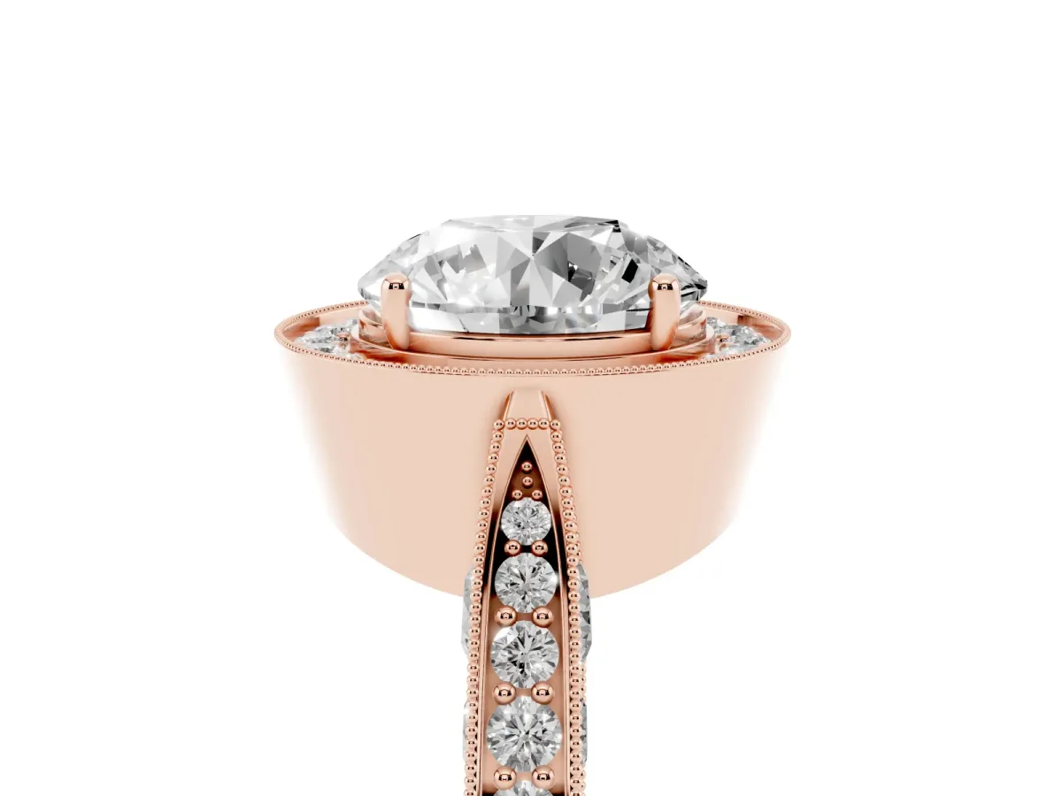 Round Cut Halo Diamond Engagement Ring with Split Shank Band and Four-Prong Setting Rose gold